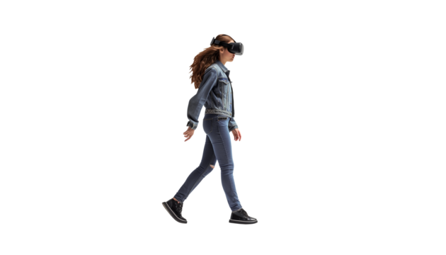 woman walking with virtual reality glasses, full body, transparent, isolated on white