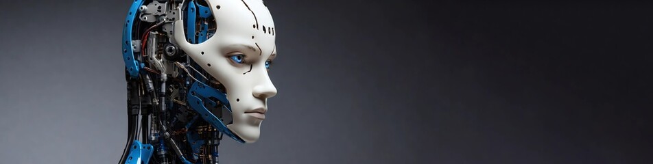 Fototapeta premium A profile view of a humanoid robot with a visible intricate blue circuitry inside the head, reflecting advanced artificial intelligence technology.