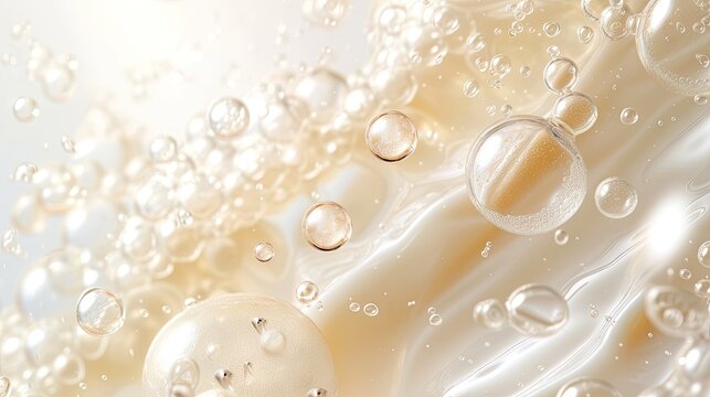 Dive into the close-up world of skincare with a captivating image of lotion bubbles, an essential raw material for radiant skin, embodying beauty and purity