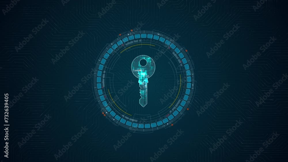 Poster motion graphic of blue digital security key logo and circle futuristic hud elements with network fir