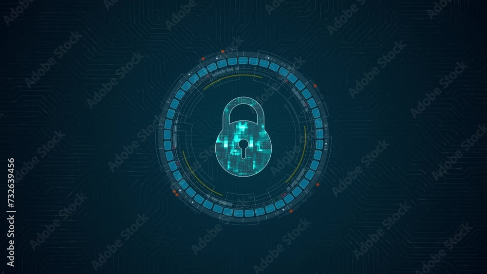 Poster motion graphic of blue digital security key logo and circle futuristic hud elements with network fir