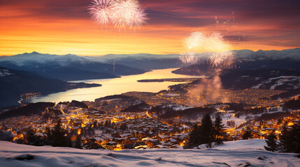 Winter landscape  cover in snow with fireworks