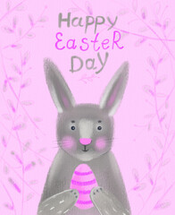 Cute Easter illustration. Drawn in pastel and watercolor style. The bunny is holding a pink egg.On a pink background.