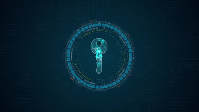 Motion graphic of Blue digital security key logo and circle futuristic HUD elements with network firewall technology and data secure concepts on circuit board abstract background