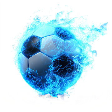 Soccer ball on blue fire isolated on transparent background