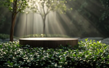 Dark brown wooden round podium pedestal display on green tea leaves and dramatic sunlight with blur forest background