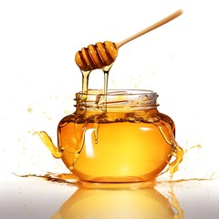 honey dripping from a glass jar isolated on white background
