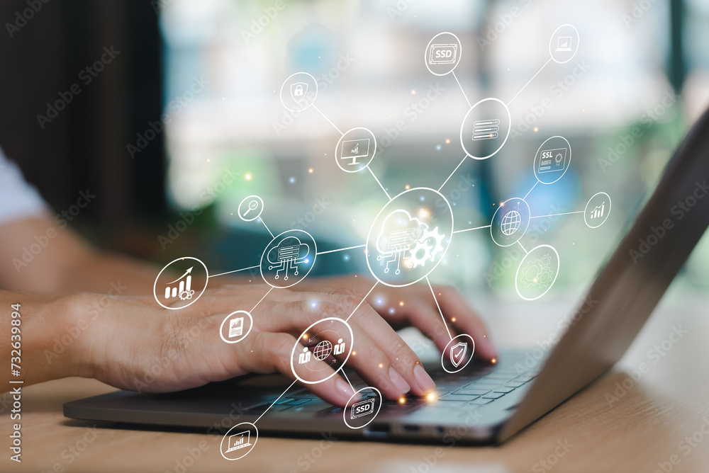 Poster data analytics business concept. businessman use computer laptop, cloud network connection. business