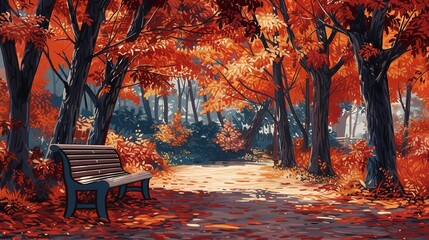 Lonely bench under a canopy of fiery maple trees, leaves carpeting the ground, a scene of quiet contemplation
