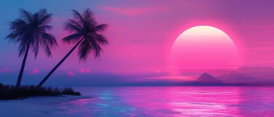 Foto auf Acrylglas Rosa Synthwave Retro Blue And Pink Palms With Sunset  Background Wallpaper