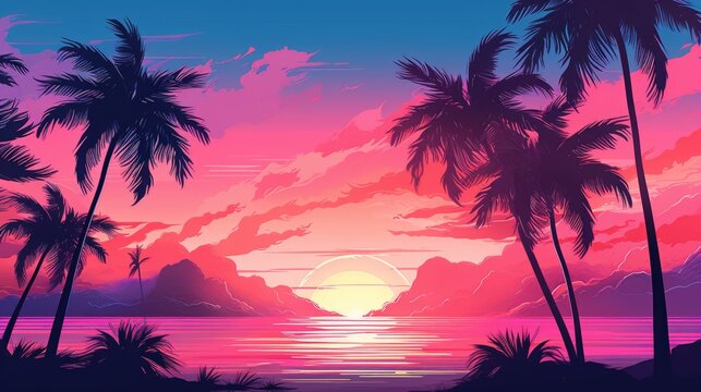 Synthwave Retro Blue And Pink Palms With Sunset  Background Wallpaper