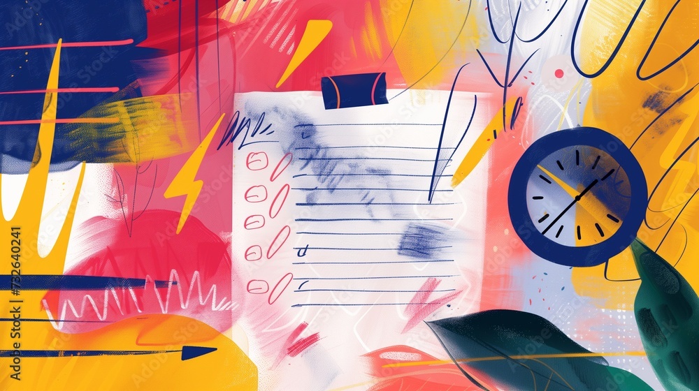 Poster an abstract illustration depicting the concept of quick tasks, featuring a notepad with a checklist,