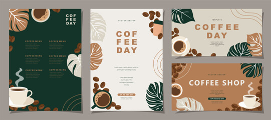 Set of sketch banners with coffee beans and leaves on minimal background for invitations, cards, banner, poster, cover, cafe menu or another template design. vector illustration. - obrazy, fototapety, plakaty