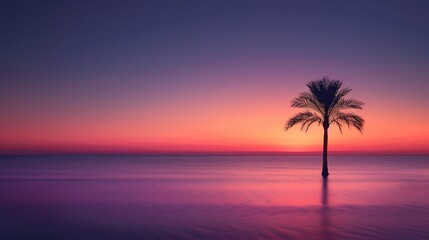 Fototapeta na wymiar Minimalist beach sunset, a simple horizon line with a gradient of purple to orange, a silhouette of a single palm tree 