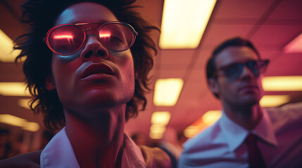 Serious looking office worker - unamused - bored - aggravated - idiosyncratic - open office space - retro feel - vintage vibe 