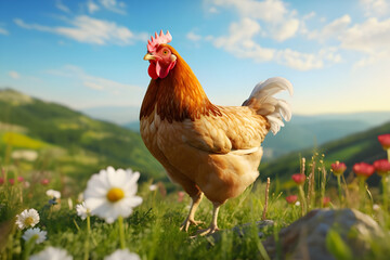 Chicken on a green meadow in the rays of the setting sun - Ai Generated - Powered by Adobe