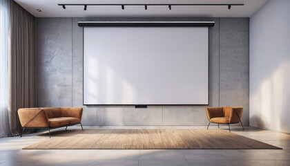 large smart room concept, a blank Projection screen on the wall background