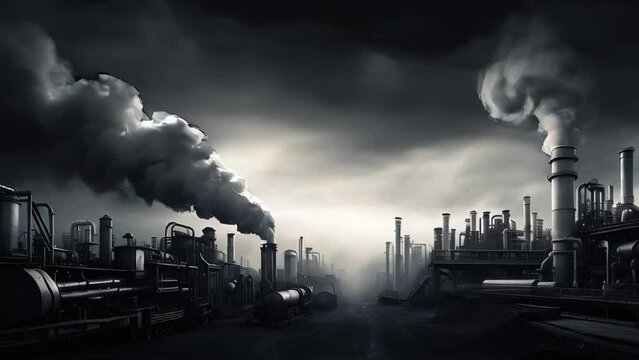 Industrial Revolution thick smoke coming from factory chimneys 4K