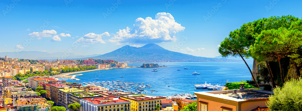 Wall mural naples, italy. view of the gulf of naples from the posillipo hill with mount vesuvius far in the bac - Wall murals