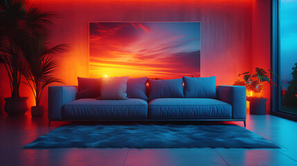 Fototapeta na wymiar Blue sofa - neon lighting - living room - design and decor - stylish furniture 