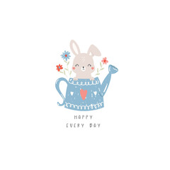 cute bunny and spring flowers in the pitcher