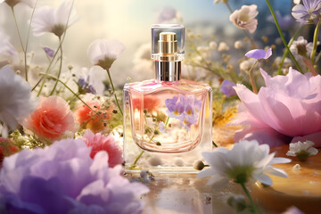 Perfume bottle with flowers on water background - Ai Generated