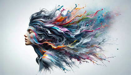 A surreal portrait of a woman with her hair transforming into vibrant, dynamic splashes of colorful liquid against a minimalist white background.Digital art concept. AI generated.