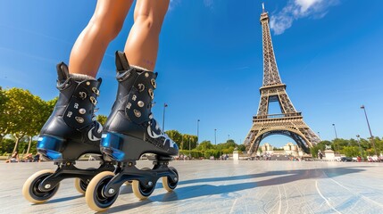 A girl rollerblades in Paris. Holiday in France concept