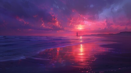 Moody and atmospheric beach sunset, intense colors with deep blues and purples, a distant lighthouse casting a faint glow - obrazy, fototapety, plakaty
