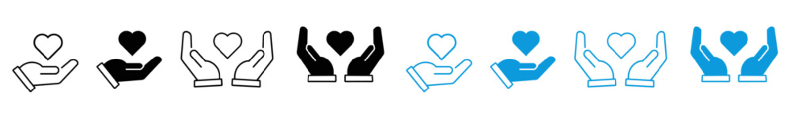 Hands holding heart icon set. Heart in hand icons collection. Love icon. Health, medicine symbol. Vector illustration.