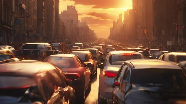 Heavy traffic Many cars at standstill in city traffic at sunset 4K