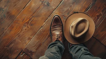 Fotobehang Vintage style wild west retro cowboy hat and pair of old leather boots on wooden floor. © Media Srock