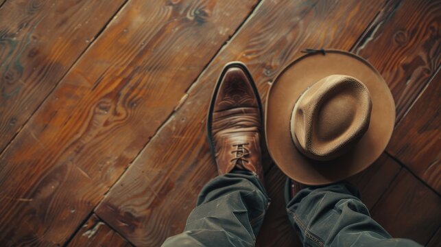 Vintage style wild west retro cowboy hat and pair of old leather boots on wooden floor.