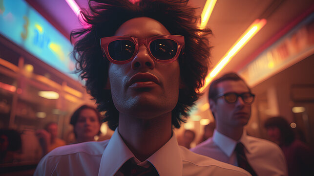 Serious looking office worker - unamused - bored - aggravated - idiosyncratic - open office space - retro feel - vintage vibe 