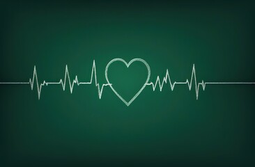 Naklejka premium cardiogram line with a heart in the middle of the line drawn in chalk on a uniform dark green background