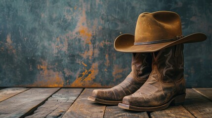 Vintage style wild west retro cowboy hat and pair of old leather boots on wooden floor.