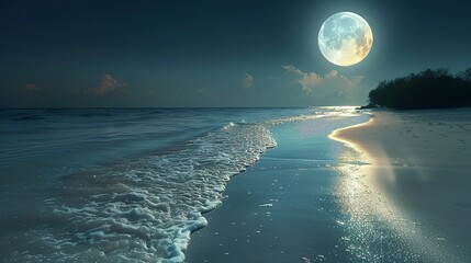 Moonlit tropical beach, soft moonlight reflecting on calm waters, the peaceful solitude of a perfect night