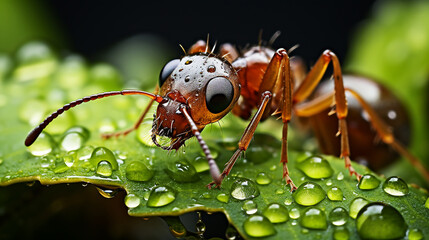 Ant on leaves and rain drops