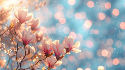 Blooming magnolia tree in spring on pastel color background