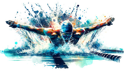 A dynamic watercolor illustration of a swimmer diving with explosive energy, merging realistic form with abstract splashes, symbolizing motion and aquatic athleticism.Sport concept.AI generated.