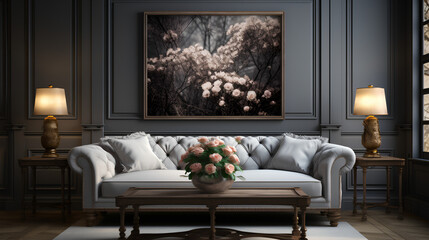 Living room - sofa - white - flowers - artwork - meticulous symmetry - obrazy, fototapety, plakaty