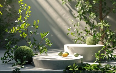 white round stage podium pedestal design backdrop product display showcase mockup background with branches green leaves and moss ball in daylight