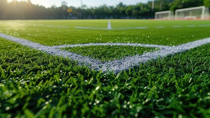 Vibrant green artificial grass football field, emphasizing the sports atmosphere with a focus on...
