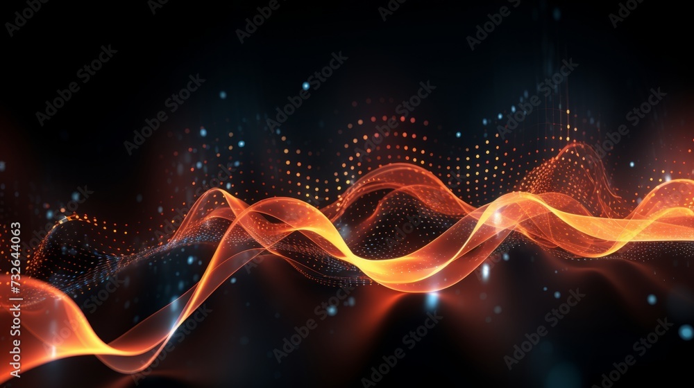Poster dynamic symphony: abstract 3d rendering of interwoven dots and lines creating a wave of musical soun