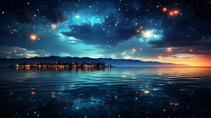 Panoramic view of ocean with stars at night