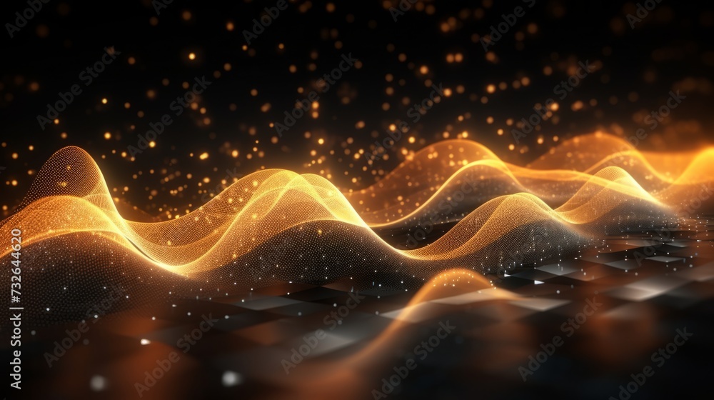 Poster dynamic symphony: abstract 3d rendering of interwoven dots and lines creating a wave of musical soun