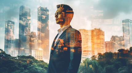 Double exposure of businessman standing with city background