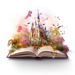 Open book with fairy tale castle on white background. © msroster