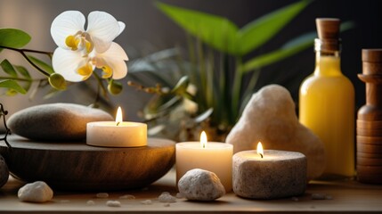 Obraz na płótnie Canvas Relaxing Aromatherapy Setup with Stones and Flowers Generative AI