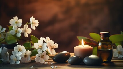 Fototapeta na wymiar Relaxing Aromatherapy Setup with Stones and Flowers Generative AI